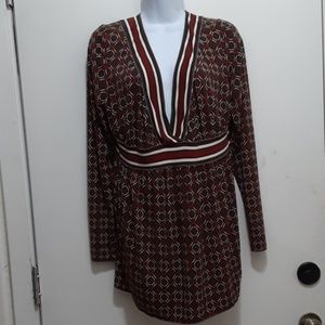 Top Blouse 1X Long Sleeve Brown Maroon Career
